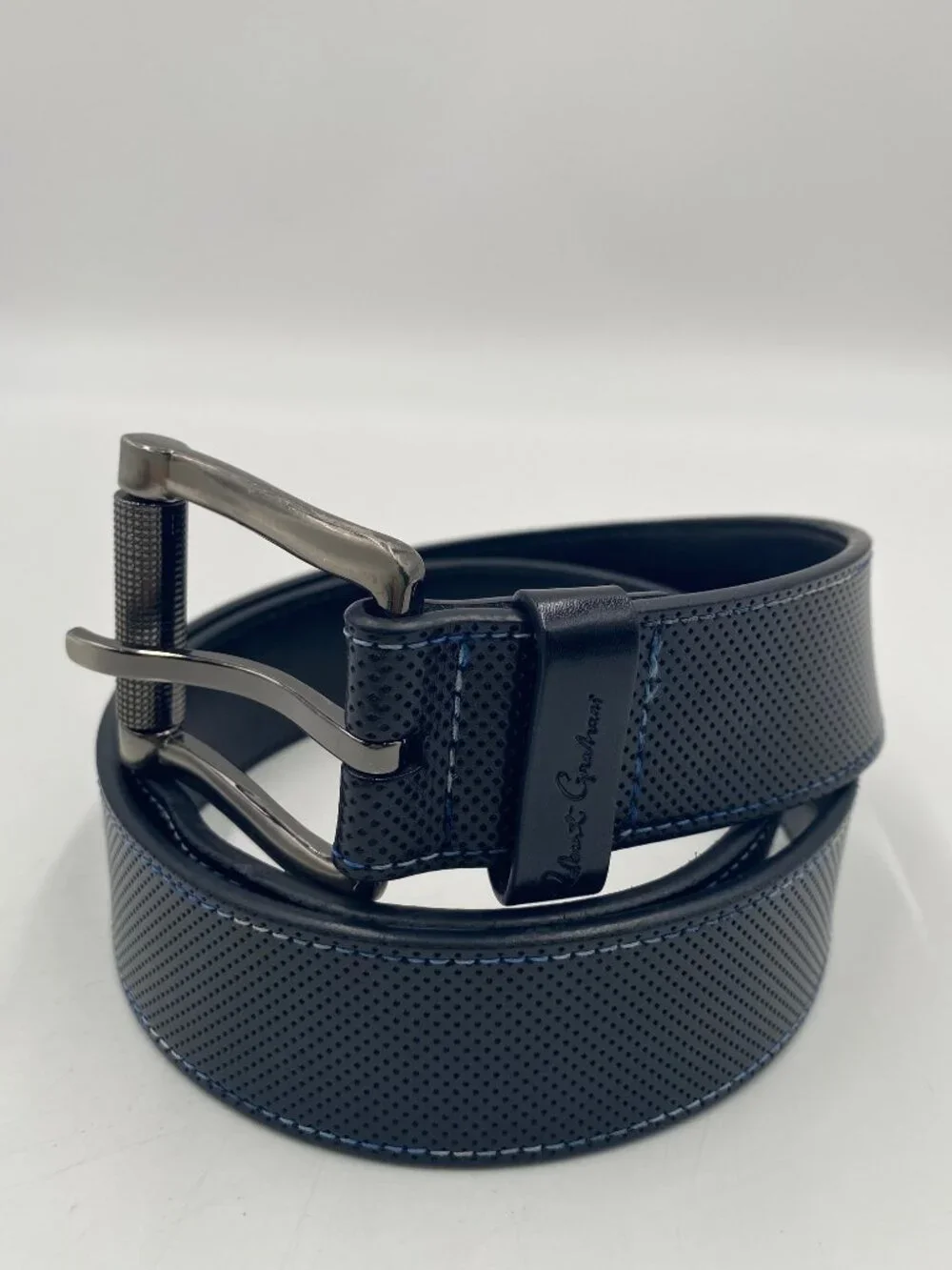 Robert Graham Genuine Leather Belt Size 32 Black with Blue Stitching Dress Golf